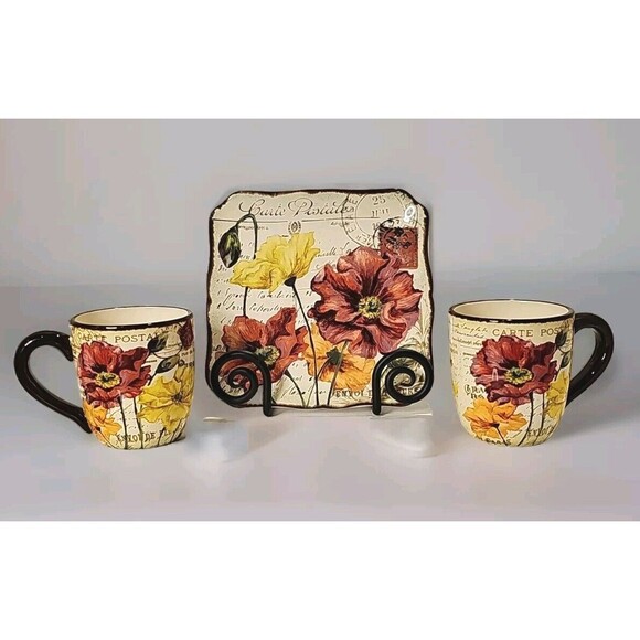 Pier 1 Other - Pier 1 Earthenware SPRING BLOOMS 2 COFFEE MUGS + 1 DECORATIVE PLATE Incl. Stand